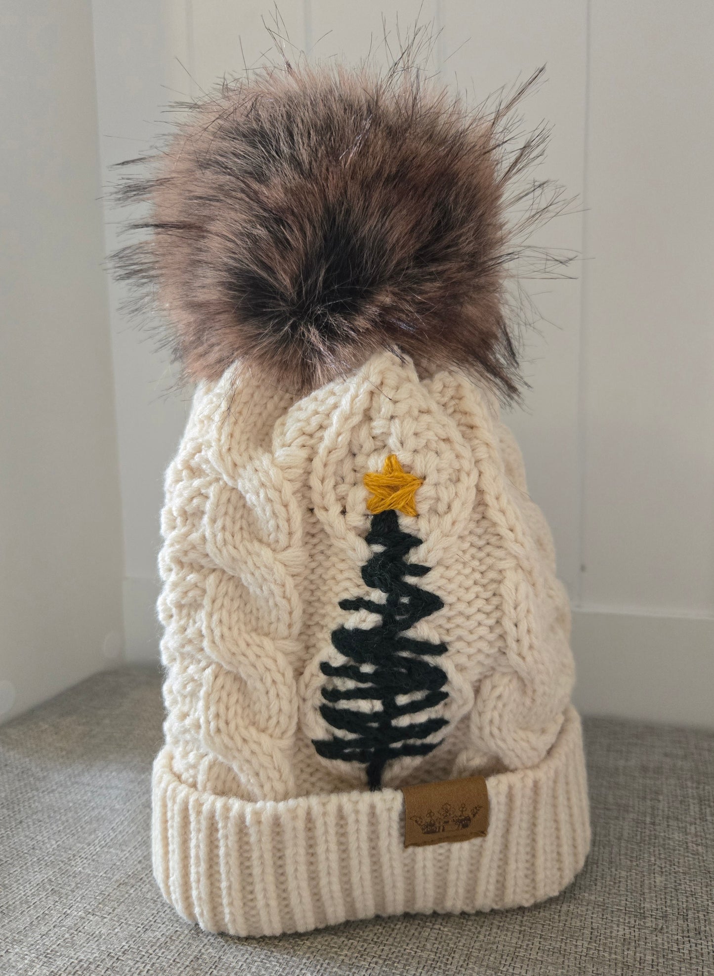 Embroidered Tree Cable Knit Pom Beanie