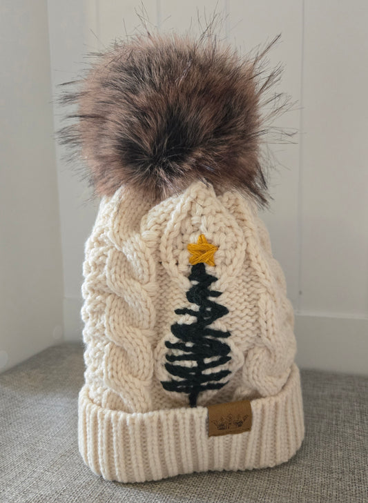 Embroidered Tree Cable Knit Pom Beanie