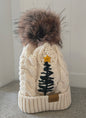 Embroidered Tree Cable Knit Pom Beanie