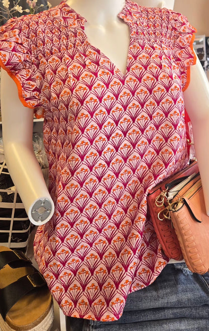 Pink Ruffled Collar Short Sleeve Blouse