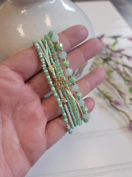 6 Strand Green Beaded Bracelet Set