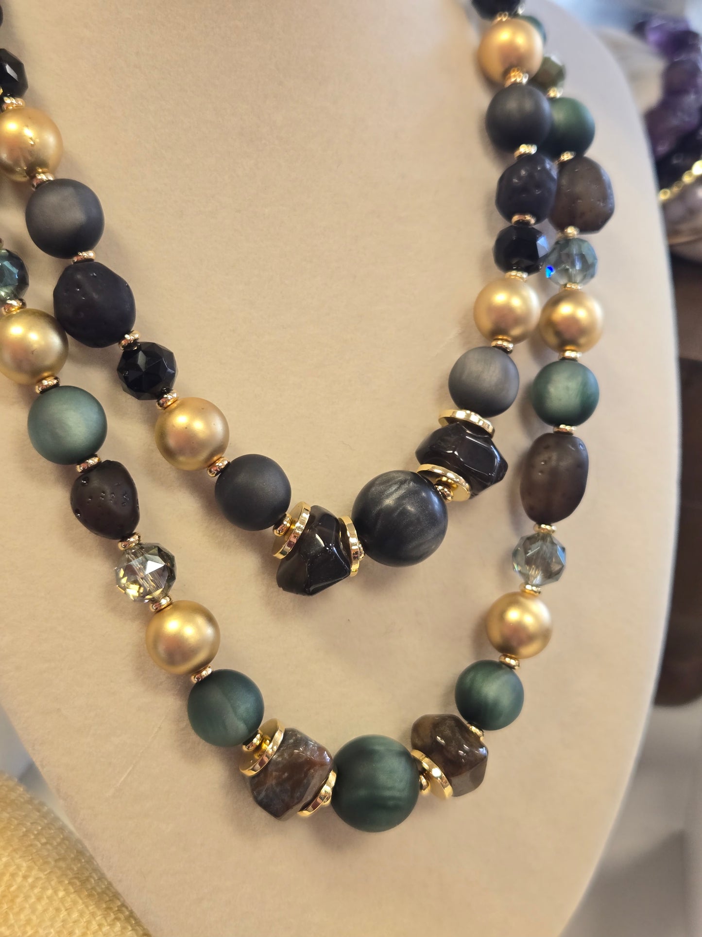 Natural Stone and Gold Beaded Necklace