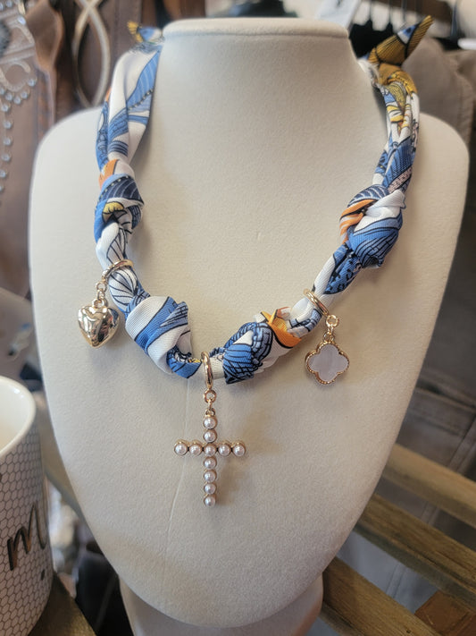 Blue, Yellow and White Knotted Scarf Necklace