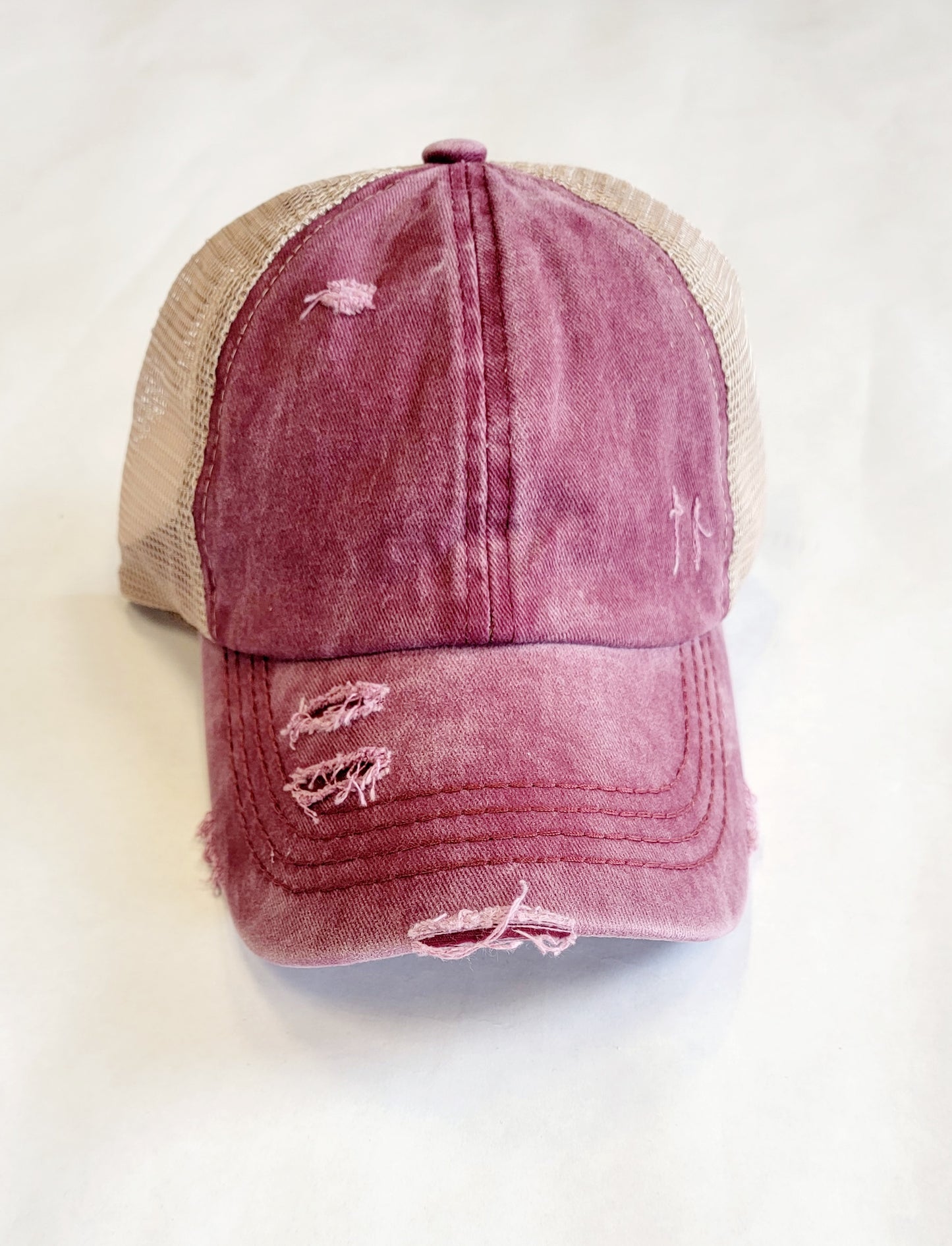 Distressed Criss Cross Ponytail Cap with Mesh Back