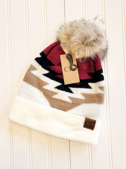 Aztec Pattern Beanie with Faux Fur Pom