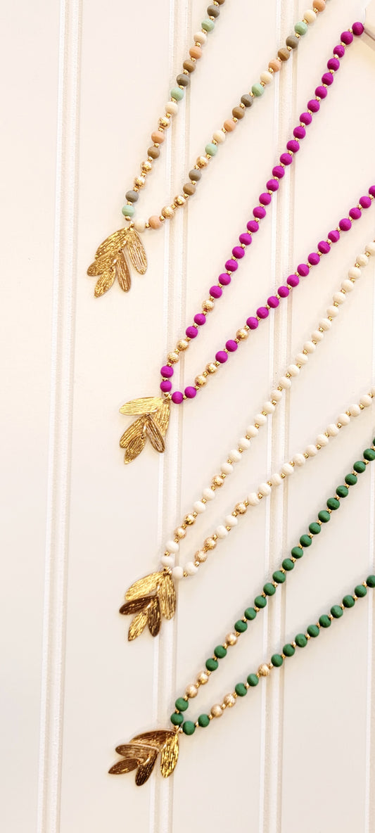 Wooded Beaded Necklace with Leaf Pendant