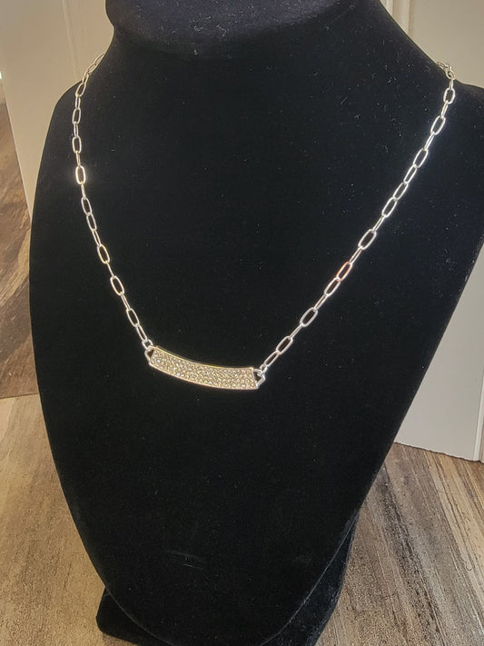 Silver Rhinestone Curved Bar Necklace