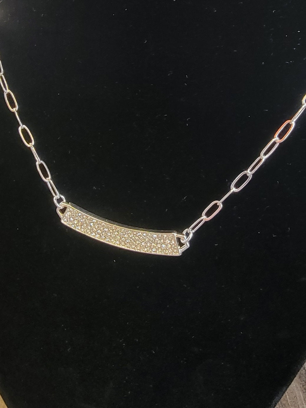 Silver Rhinestone Curved Bar Necklace