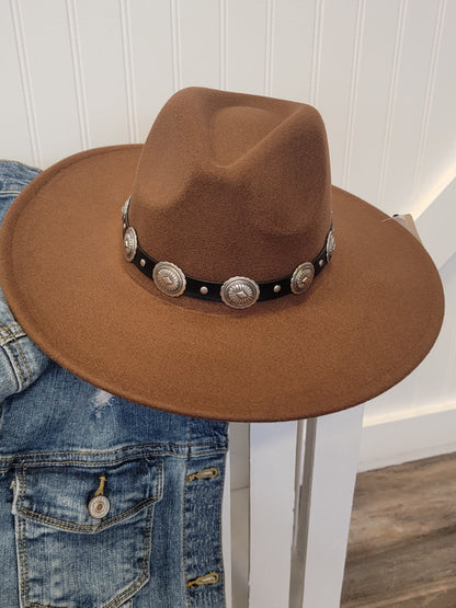 Wide Brim Felt Hat with Leather Western Accented Band