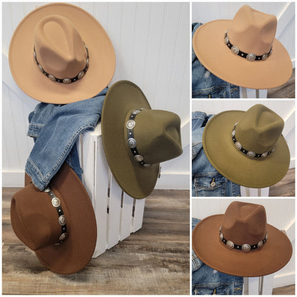Wide Brim Felt Hat with Leather Western Accented Band