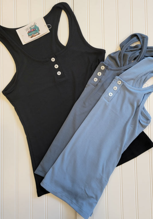 Ribbed Tank Top with Button Detail