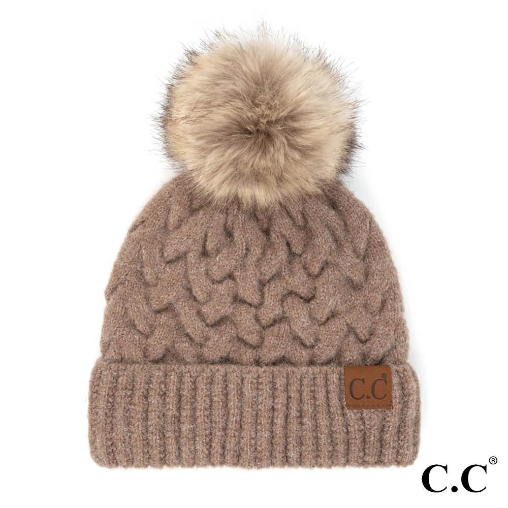 Chunky Braid Cable Pattern Beanie with Fur Pom