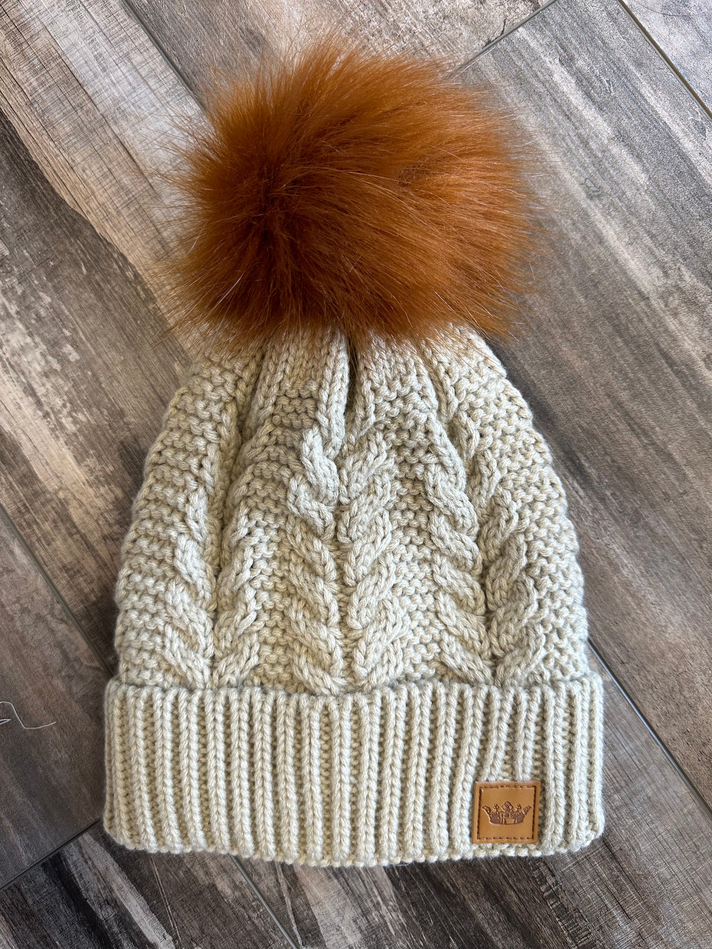 Cable Knit Beanie with Rust Pom