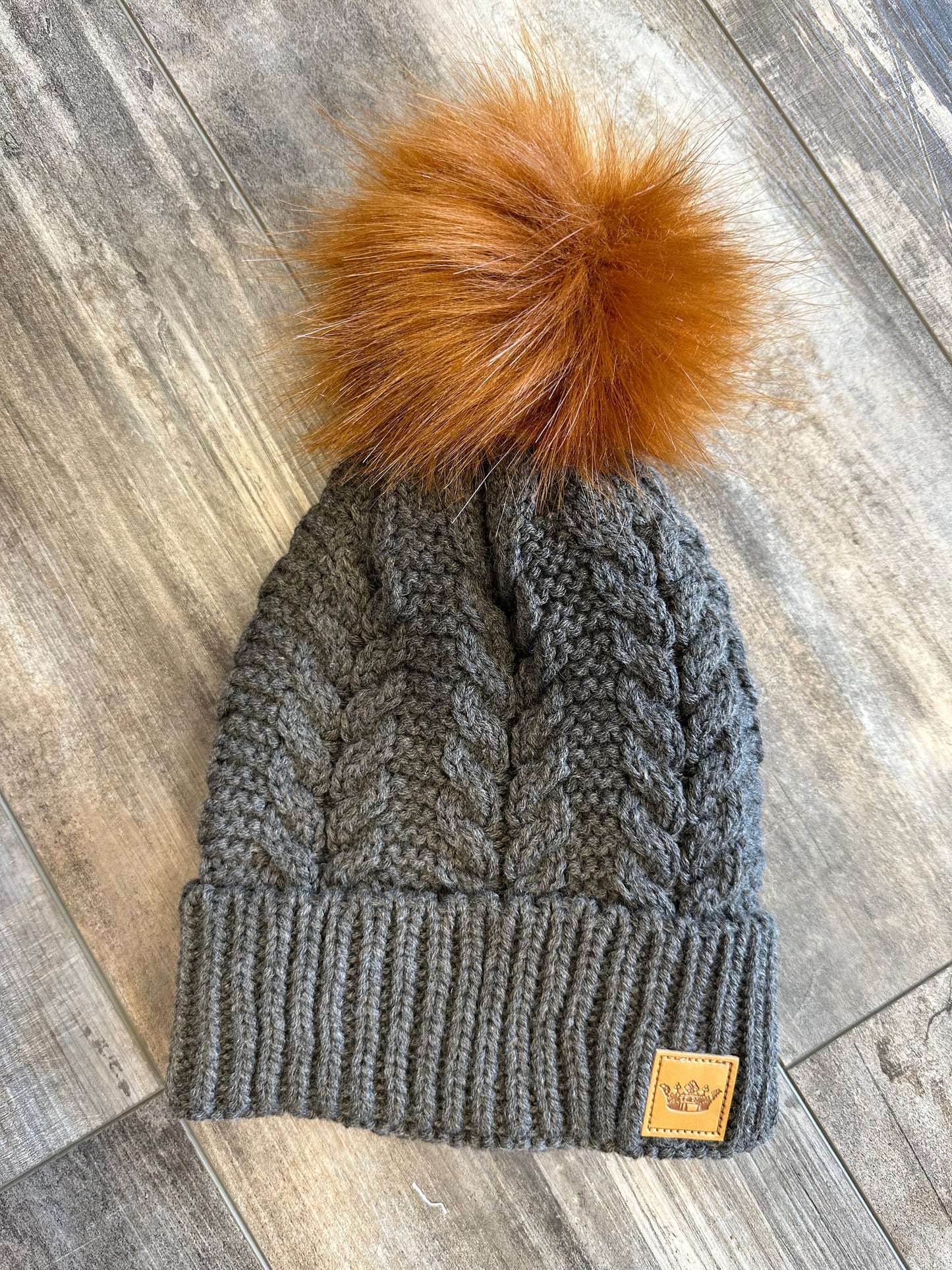 Cable Knit Beanie with Rust Pom