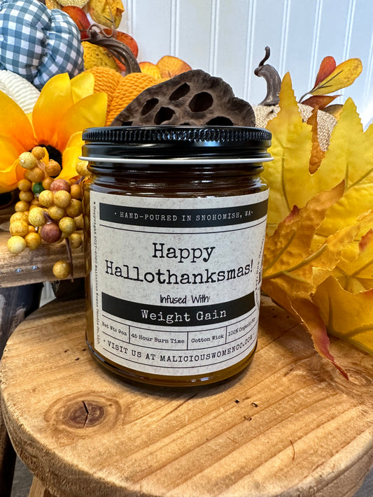 "Happy Hallothanksmas!" Candle